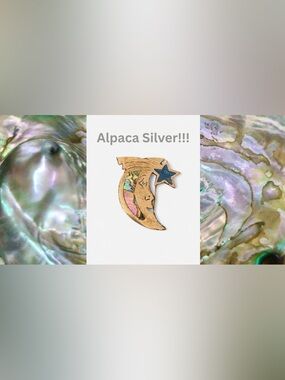 Alpaca Silver Crescent Moon & Shooting Star Brooch -Abalone Inlay Iridescent
